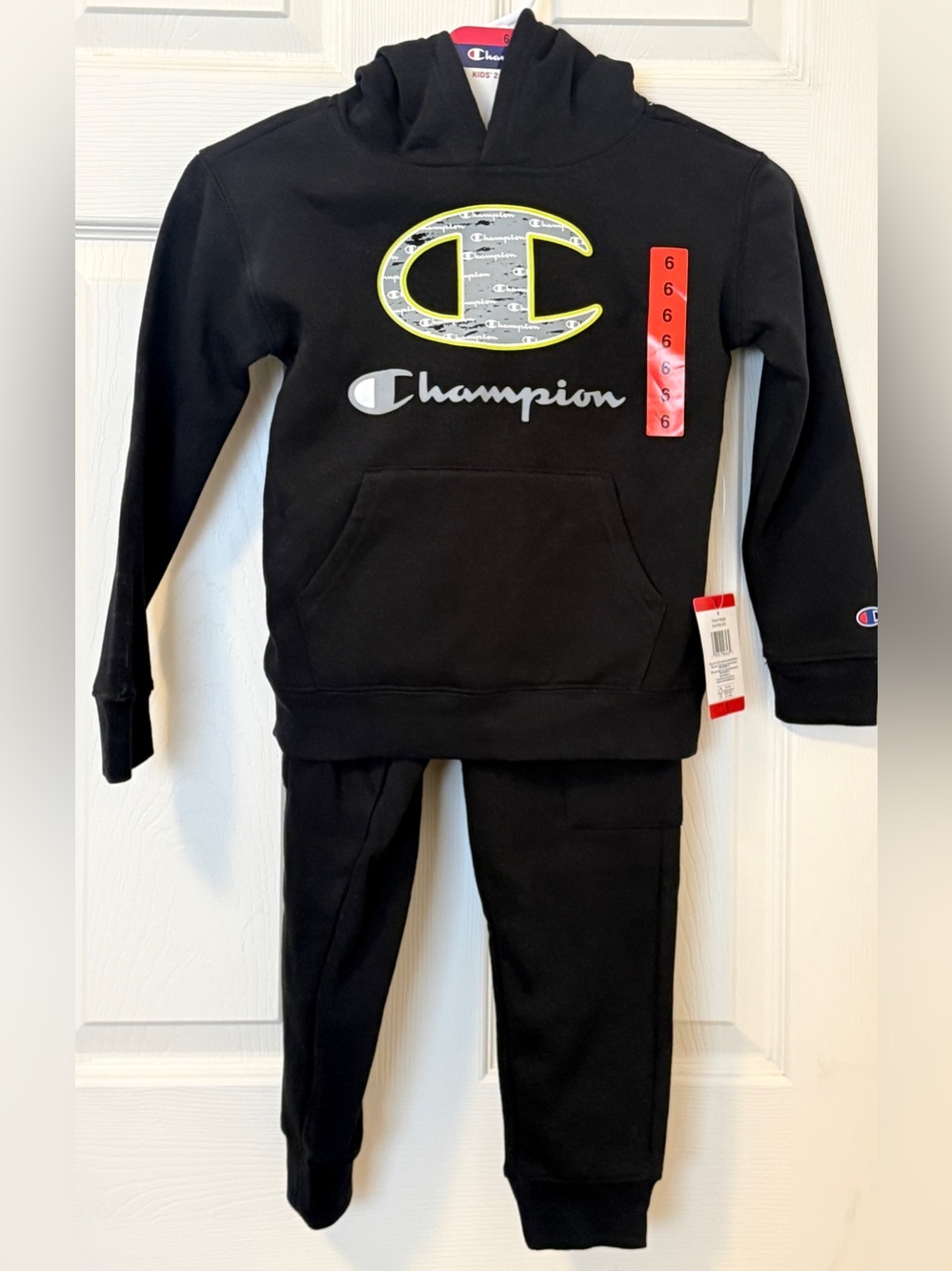 Champion Boys Size 6 2 Piece Hoodie Jogger Set Black Logo Sweat Suit NWT